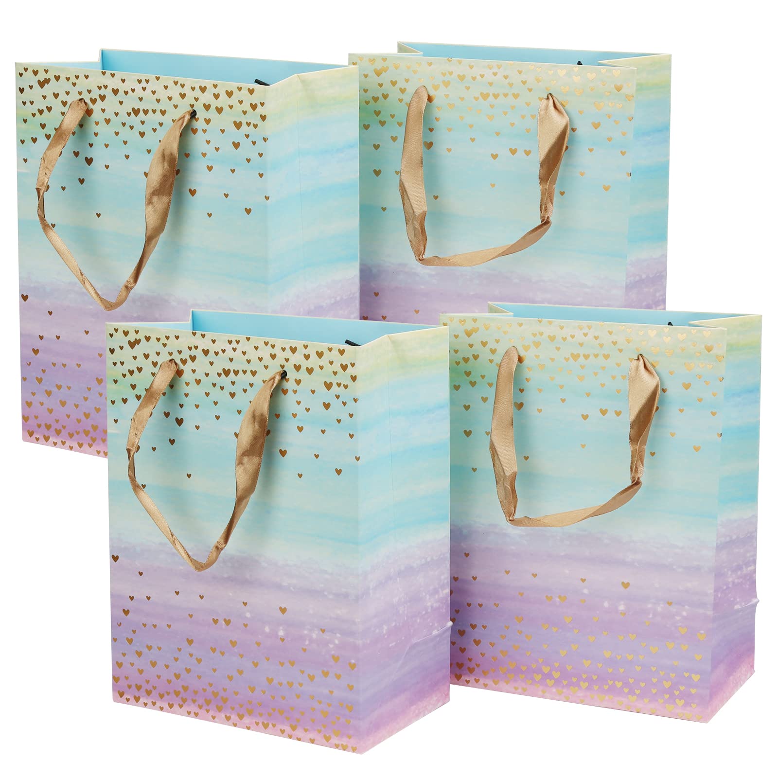 Medium Size Gift Bags,4 Pcs Coloful Little Heart Pattern Gift Bag with Ribbon Handles DIY Paper Gift Bags for Presents, Parties, Shopping, Parties,Wedding, Baby Shower (23x 18x 10 cm）