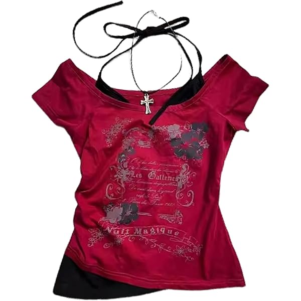 Baby Tee Y2k Women Grunge Top Emo 2000s Vintage Fake Two Piece