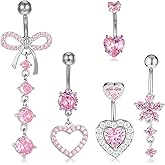 JJUNW 5Pcs Belly Button Rings, Pink Belly Button Piercing, Cute Dainty Dangle Belly Button Rings Heart Butterfly Bow Flower Belly Rings for Women