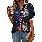 Yousify Button Down Shirts for Women Short Sleeve Boho Tops V Neck Dressy Blouses Summer Casual Outfits