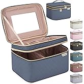 HXLGMD Large Makeup Bag with Mirror Double Layer Travel Make Up Organizer Case, Large Capacity Coemetic with Brush Slot Divider, Travel Toiletry Bag for Women (Aegean Blue)