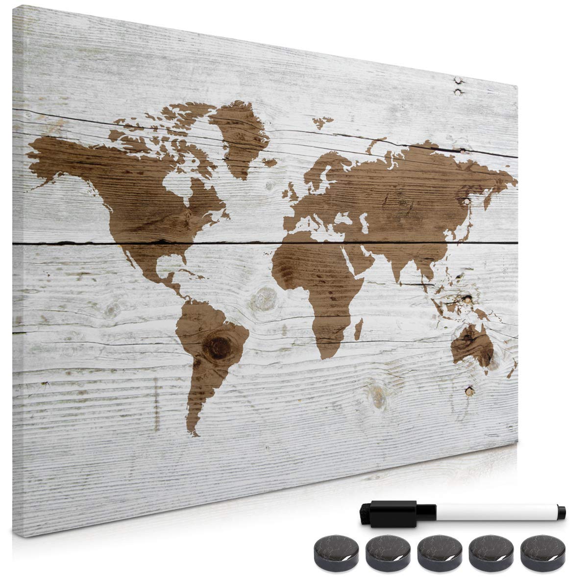 Navaris Magnetic Memo Board Whiteboard - 90 x 60 cm Dry Erase White Board with Design for Wall - Includes Marker and Magnets - World Map