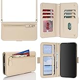 SunYoo for iPhone 13 iPhone 14 Wallet Case for Women,for iPhone 14 Case with Strap Crossbody Lanyard,PU Leather Shockproof Card Holder Stand Zipper Pocket Flip Phone Case-Beige