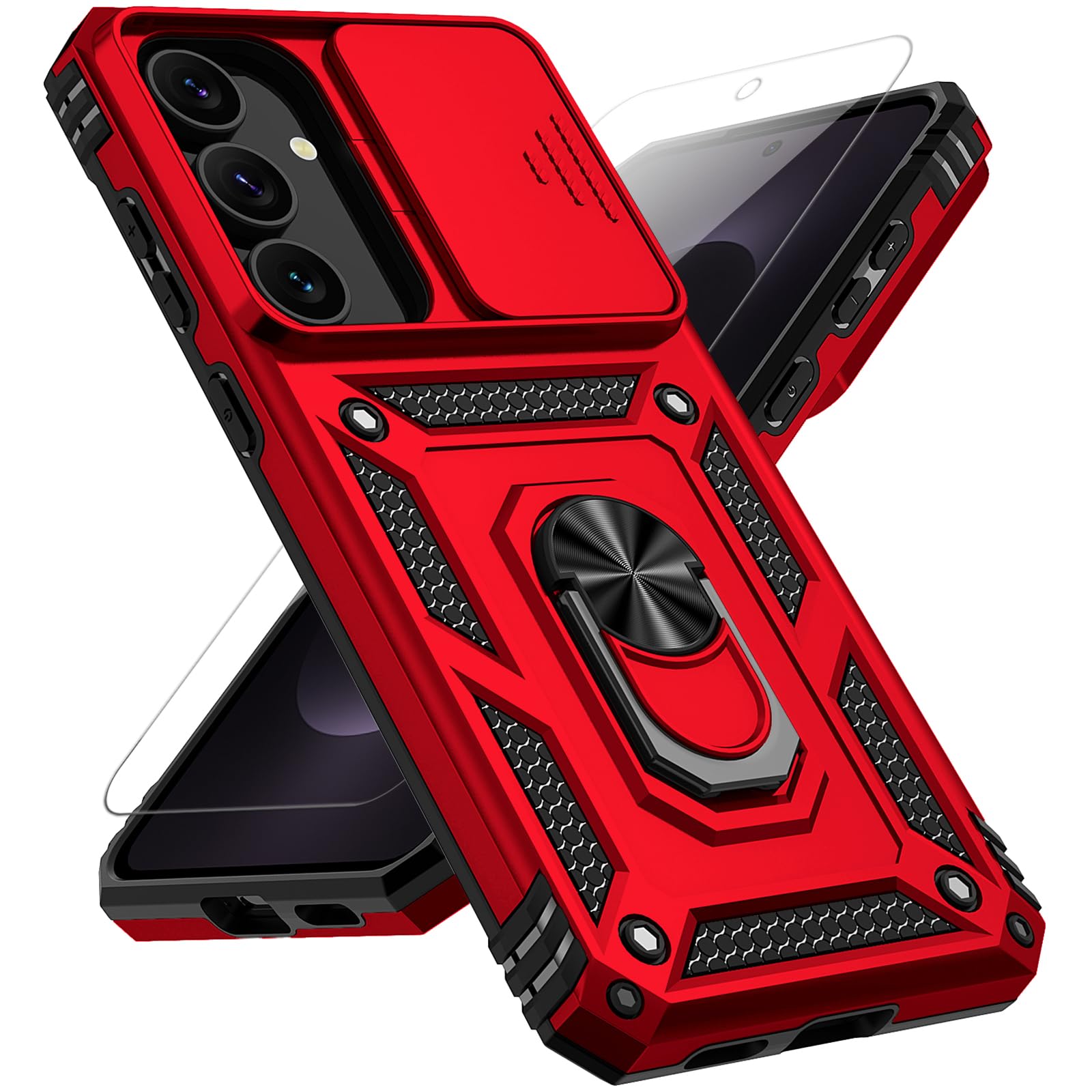 for Samsung Galaxy S25 FE Case, with Slide Camera Cover HD Screen Protector [Military Grade 16ft. Drop Tested] Magnetic Ring Holder Kickstand Protective Phone Case for Galaxy S25 FE 5G 2025, Red