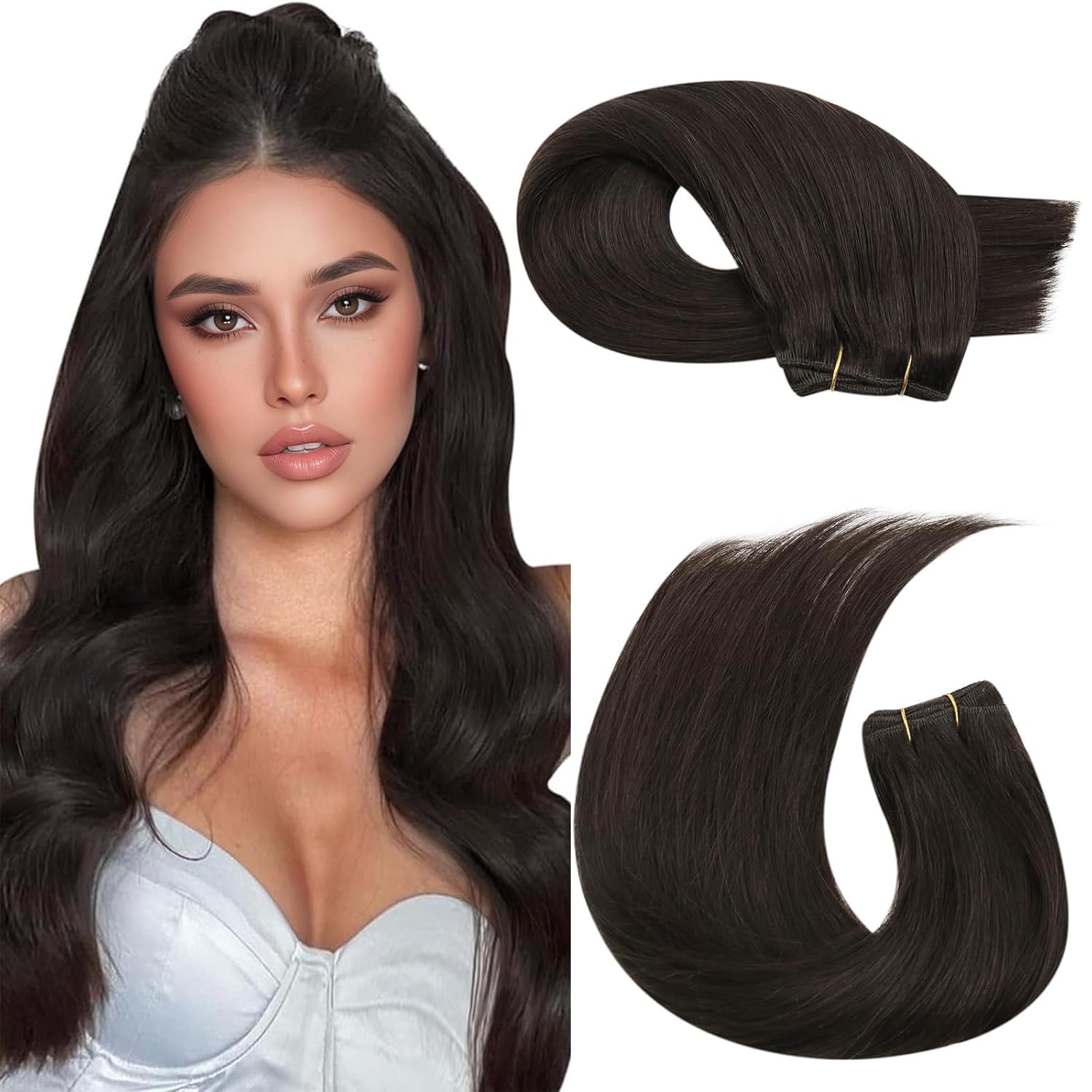 Moresoo Weft Hair Extensions Human Hair Dark Brown Full Head Sew in Hair Extensions Dark Brown Thick Human Hair 14 Inch 100g/Pack #2 — image 1