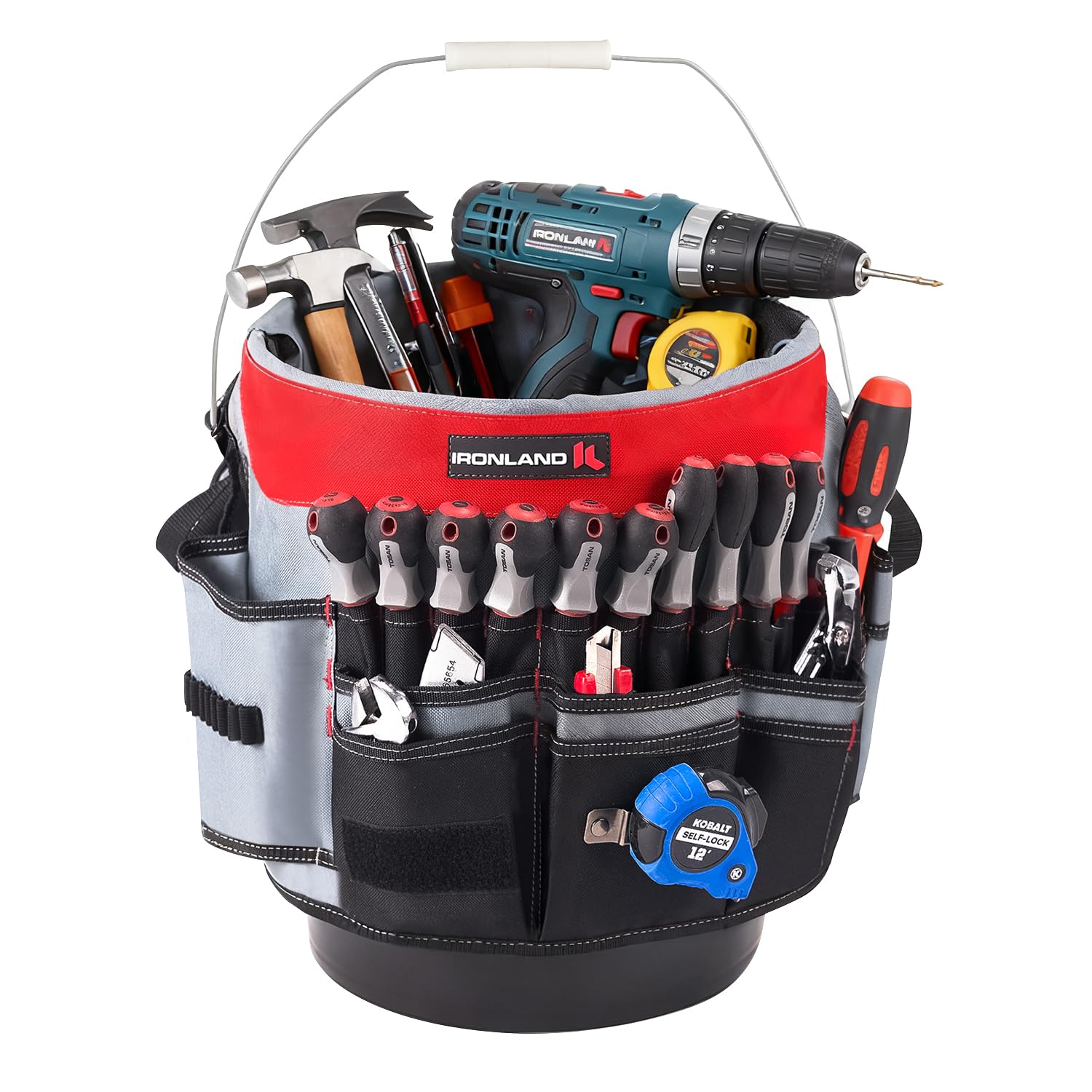 IRONLAND Bucket Tool Organizer Fit 3.5-5 Gallon Bucket, 64 Pockets, Bucket Tool Caddy Organization for Garden, Construction, Carpenter, Electrician, Builder red Image