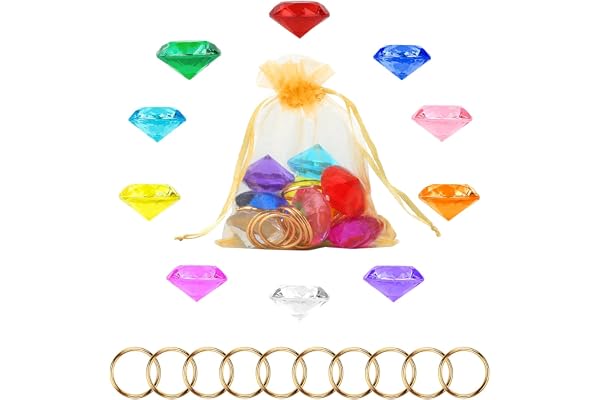 Chaos Emeralds and Rings Set, Include 10pcs Acrylic Crystal Diamond Gems with 10pcs Gold Power Rings Pirate Treasure Hunt Jew