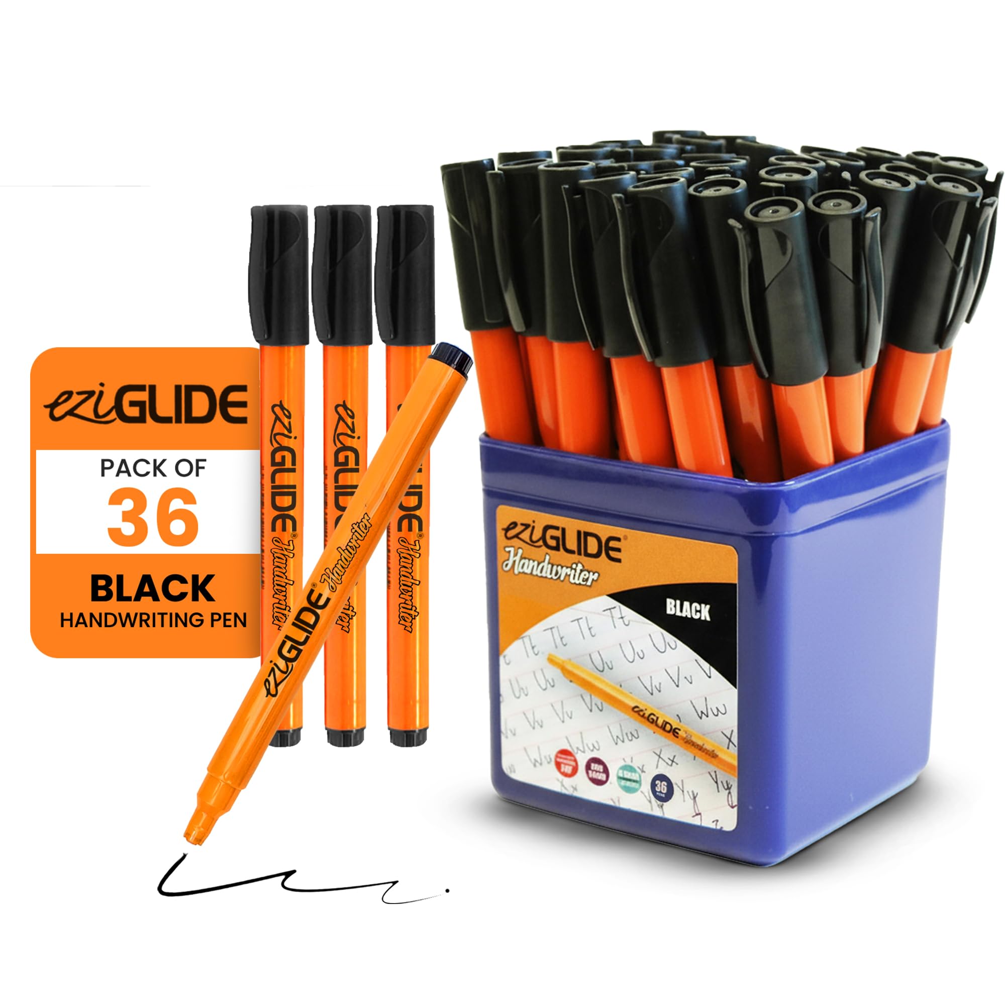 Eziglide Handwriting Pens, Pot of 36 Black Handwriting Pens for School and Home Learning, Durable Tip for Smooth, Effortless Ink Flow, Suitable for Both Right- and Left-Handed Children