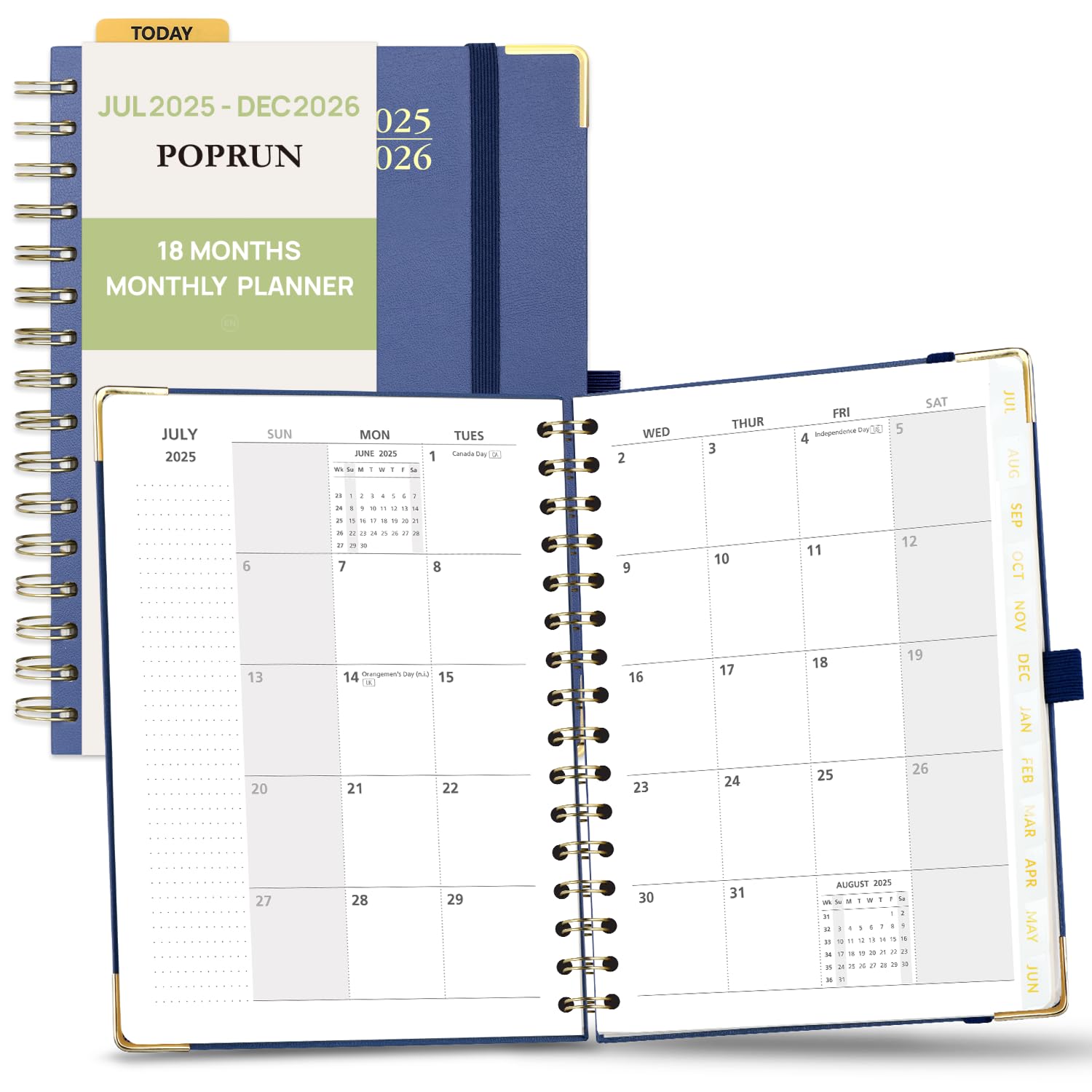 Photo 1 of POPRUN Monthly Planner 2025-2026 Spiral Hardcover (6.25'' x 8.5''), 18 Months Calendar (Jul.2025 - Dec.2026)- 2 Pages per Month with Dotted Note Pages, Sunday Start, Laminated Tab - Navy Blue