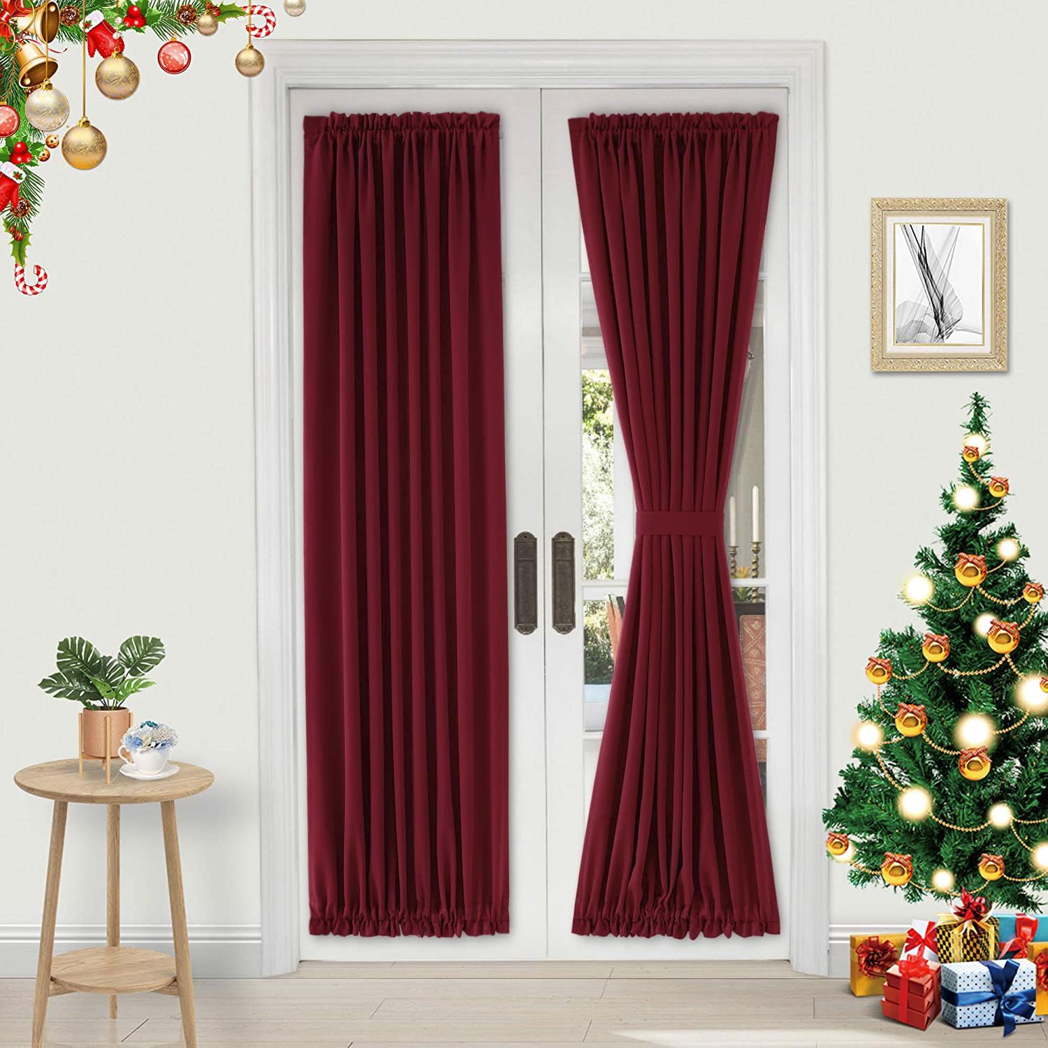 DWCN French Door Curtains – Rod Pocket Thermal Blackout Curtain for Doors with Glass Window, Christmas, Kitchen and Patio Doors for Privacy, 25 X 72 Inches, 1 Curtain Panel with Tieback, Burgundy