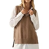 InterNos Women's V Neck Pullover Sweater Vest Classic Side Split Button Sleeveless Rib Knitwear Top