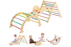 NIGWET 7-in-1 Pikler Triangle Set - Wooden Toddler Climbing Toys, Indoor Playground with Ramp for Sliding or Climbing, Jungle Gyms for Toddlers, Montessori Climbing Set-Medium