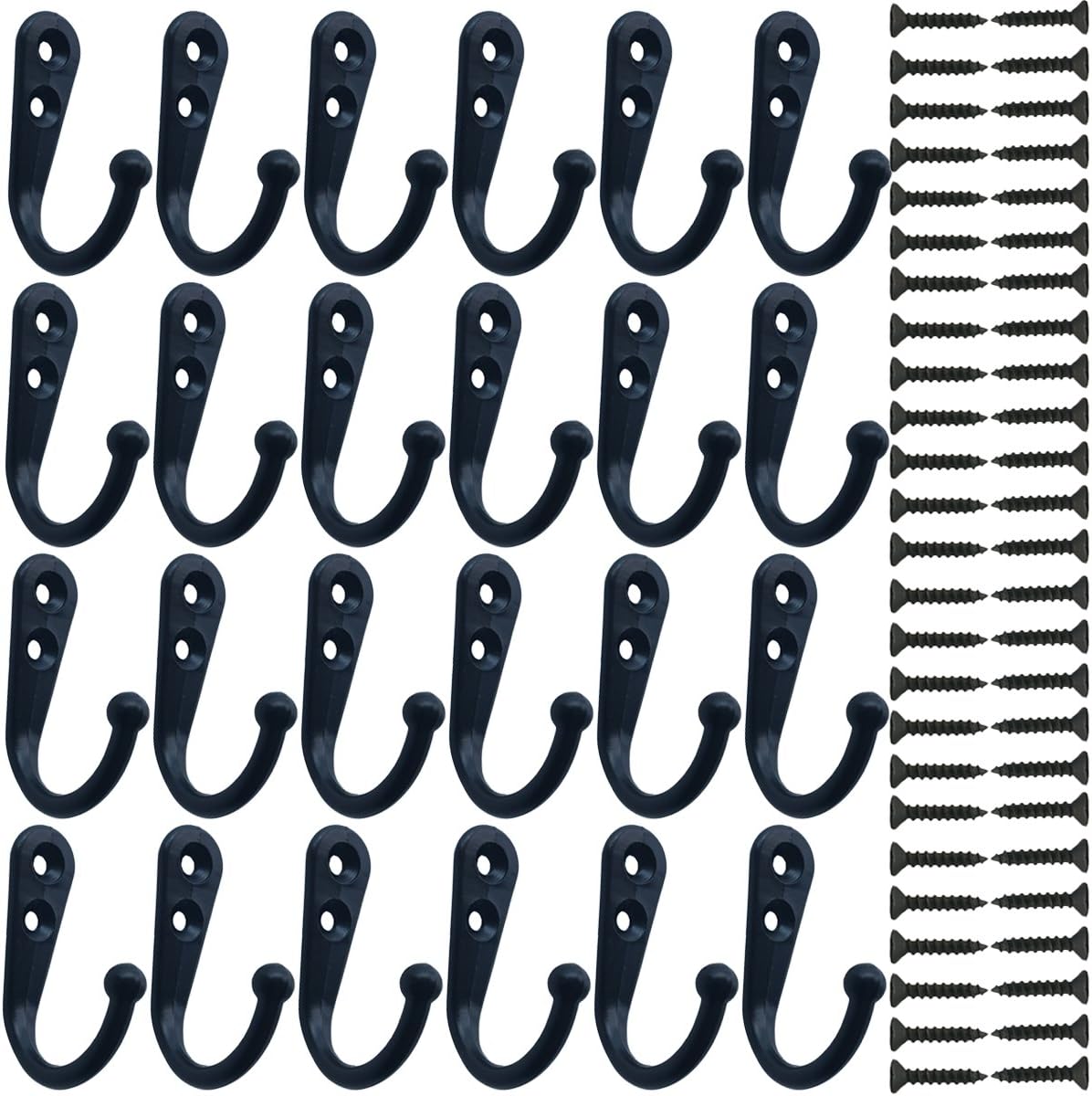 24 Pieces Coat Hooks Wall Mounted Robe Hook Single Coat Hanger No Scratch and 50 Pieces Screws （Black）