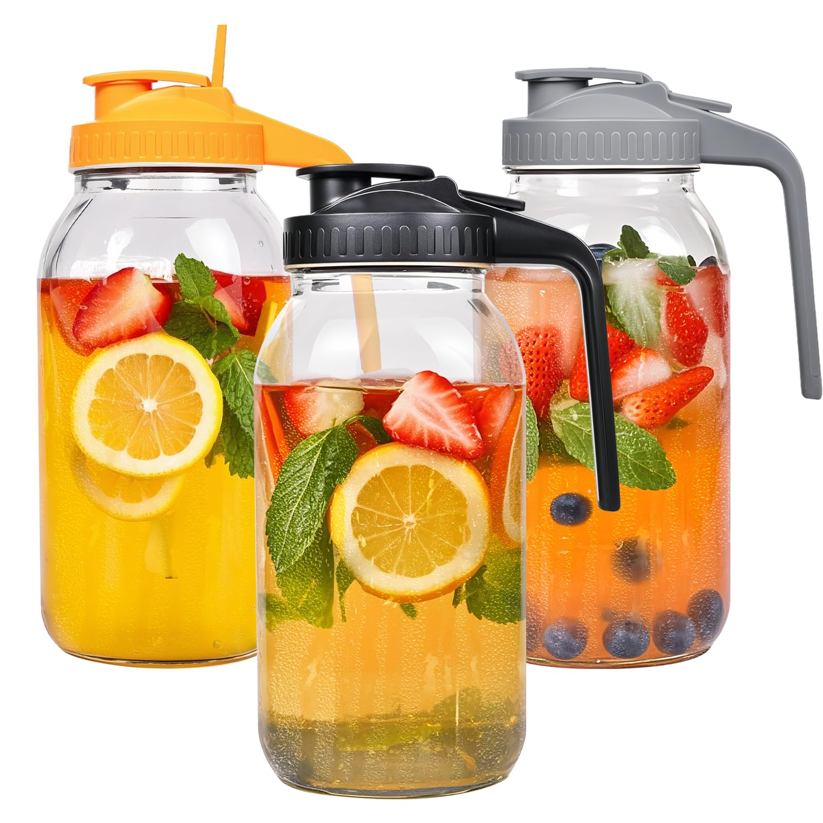 Photo 1 of 3 Pack 64oz Glass Mason Jar Pitcher with Airtight Lid and Handle – Wide Mouth, Leak-Proof, Ideal for Sun Tea, Cold Brew, Lemonade, Iced Coffee, Milk, and Water
