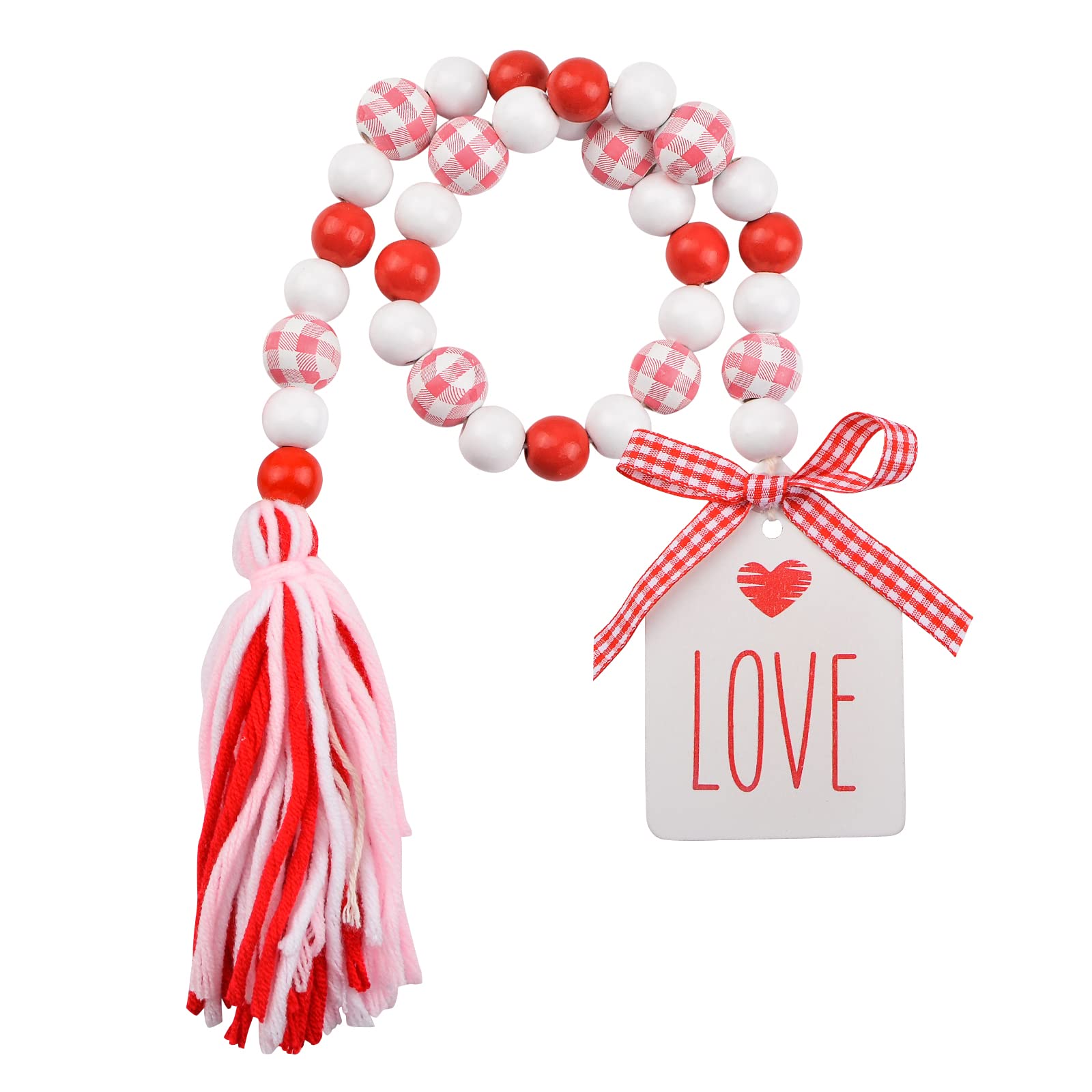 URROMA Valentine’s Day Wood Bead Garland with Tassels,Farmhouse Rustic Beads with Heart Shaped Wooden Tag Valentine's Day Home Decor Ornaments