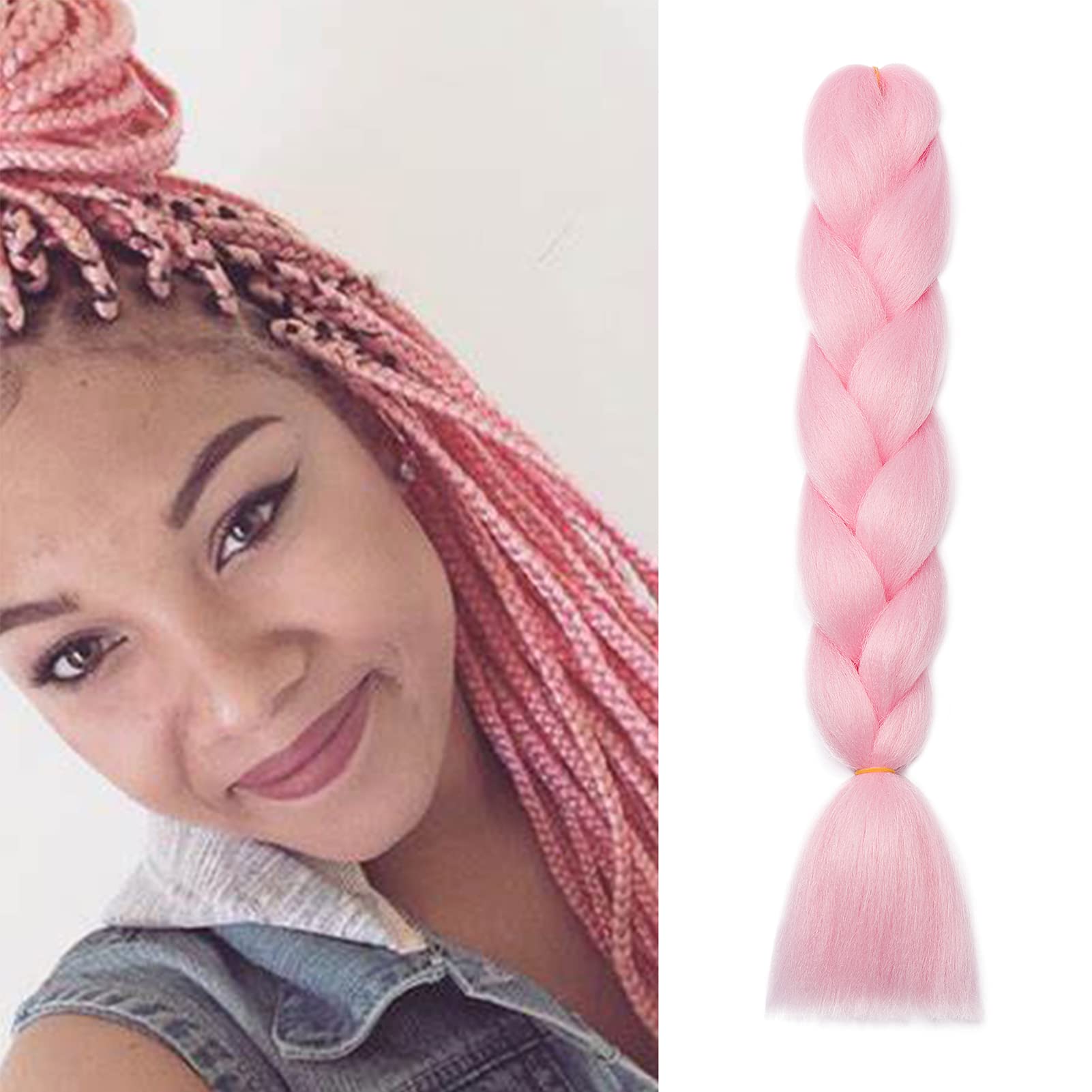 24" Braiding Hair Extension Jumbo Braids Synthetic Crochet Hair Afro Box Braid Heat Resistent (Pink)