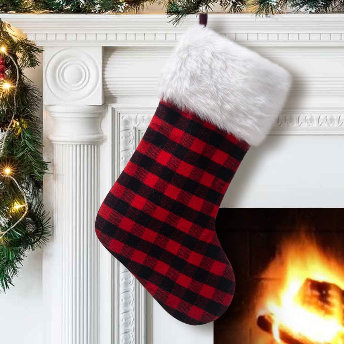 Stockings & Holders - S-DEAL Red and Black Plaid Christmas Stocking Double Layers Gift Holder White Plush Cuff 21 Inches Decor for Holiday Party Xmas Mantel Ornaments
