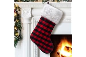 S-DEAL Red and Black Plaid Christmas Stocking Double Layers Gift Holder White Plush Cuff 21 Inches Decor for Holiday Party Xmas Mantel Ornaments