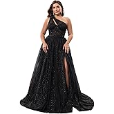 BluePlum Plus Size Wedding Guest Dress with One-Shoulder & Sequined, High Slit & Sleeveless Style Formal Maxi Dress