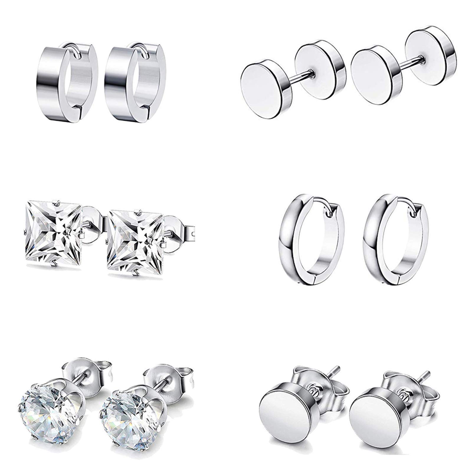 6 Pairs Silver Earrings Studs, Stainless Steel CZ Screw Studs Cartilage Earrings Hoops Barbell Ear Plugs Ear Piercing Triangle Screw Studs Earrings Endless Round Huggie Hoop Men's Earrings