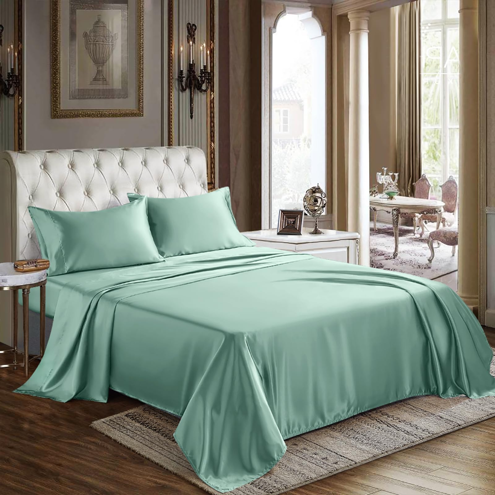 Photo 1 of CozyLux Satin Sheets Queen Size - 4 Piece Aqua Bed Sheet Set with Silky Microfiber, 1 Deep Pocket Fitted Sheet, 1 Flat Sheet, and 2 Pillowcases - Smooth and Soft