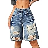 WDIRARA Women's Ripped Raw Hem Bermuda Denim Shorts Mid Rise Distressed Jean Shorts Streetwear