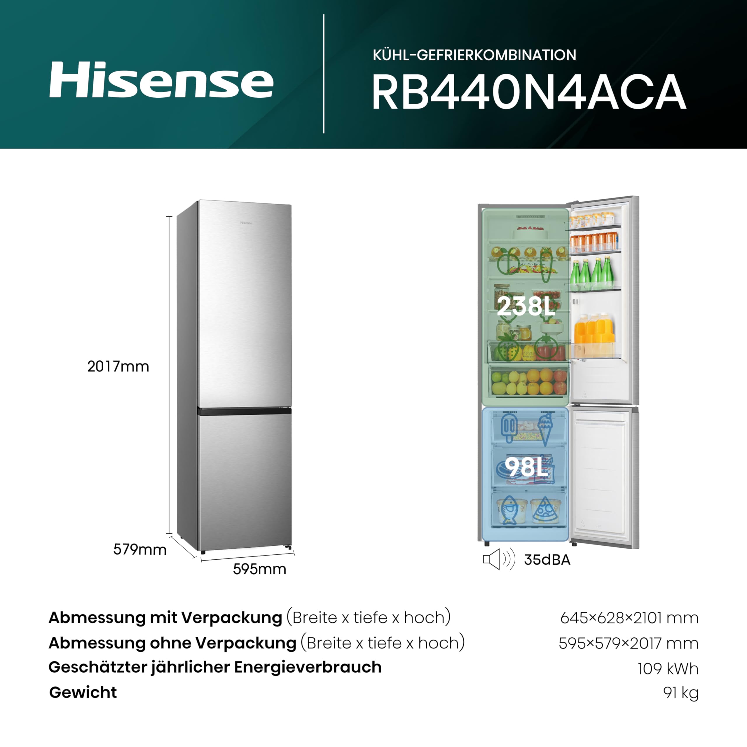 Hisense RB440N4ACA Kühl-Gefrier-Kombination/Höhe 201 cm/Kühlen 178 L/Gefrieren 98 L/LED Beleuchtung, Edelstahl 2