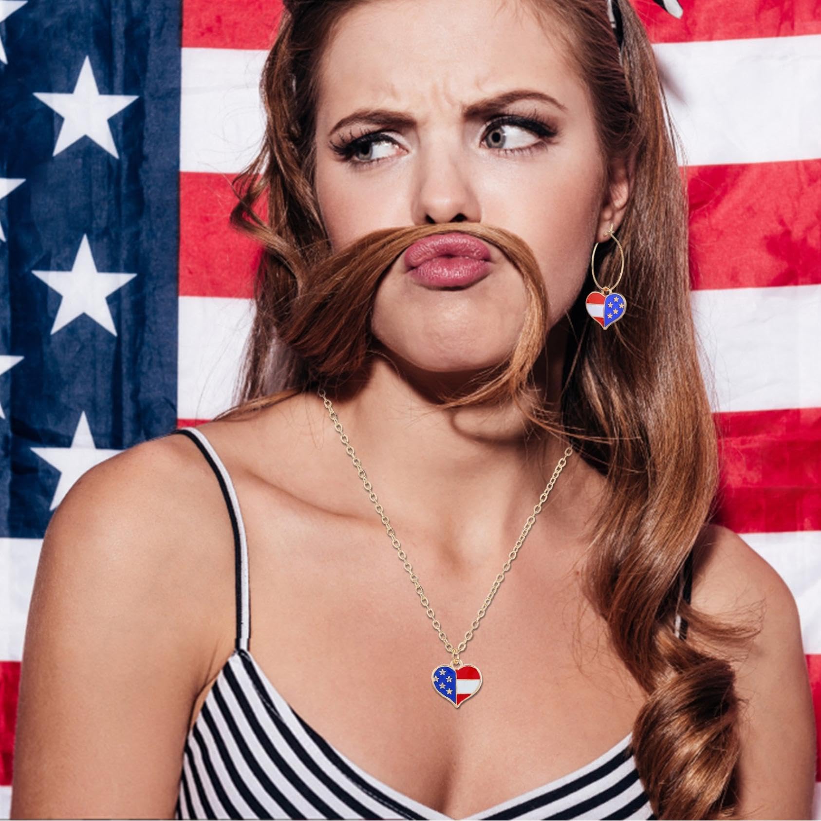Red White Blue Patriotic Flag Necklace Earrings for Women 4th of July American Flag Pendant Necklace Independence Day Drop Dangle Earring Patriotic Jewelry Set Earrings Set Jewelry Gift