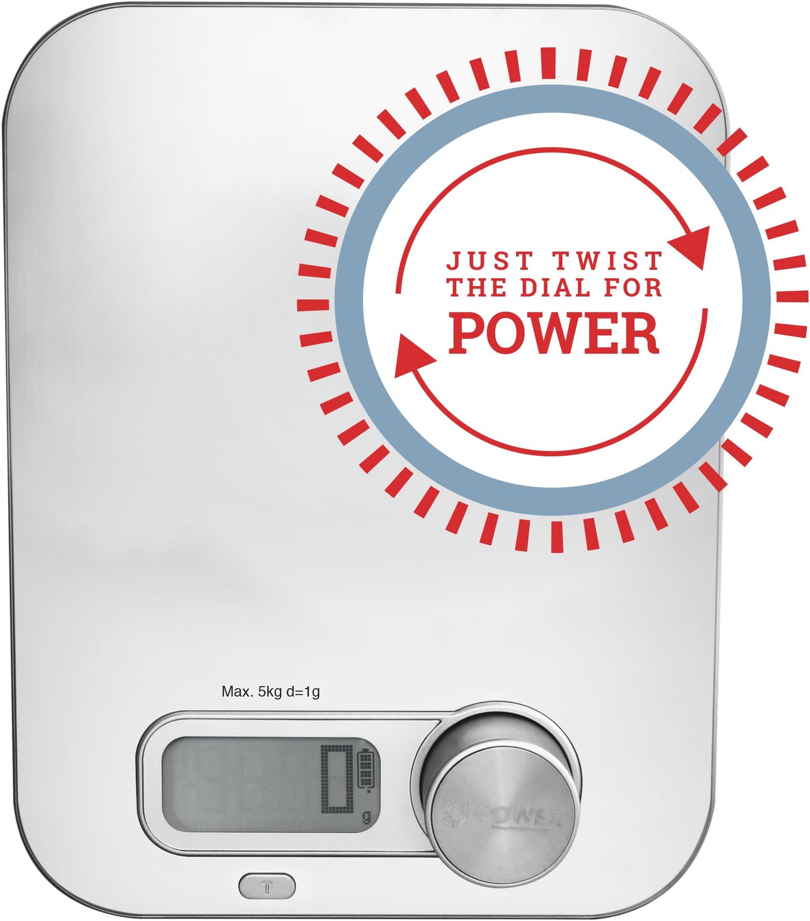 Battery Free Digital Kitchen Scale, Just Twist the Dial for Power by Kinetic Power Scales, Measures food and liquids, oz, lbs, grams, kgs