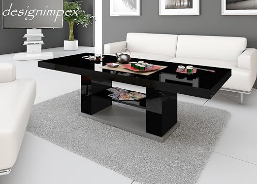 HU Design Couchtisch Tisch HN-777 höhenverstellbar und ausziehbar/Hochglanz oder Matt (Schwarz Hochglanz/Grau)
