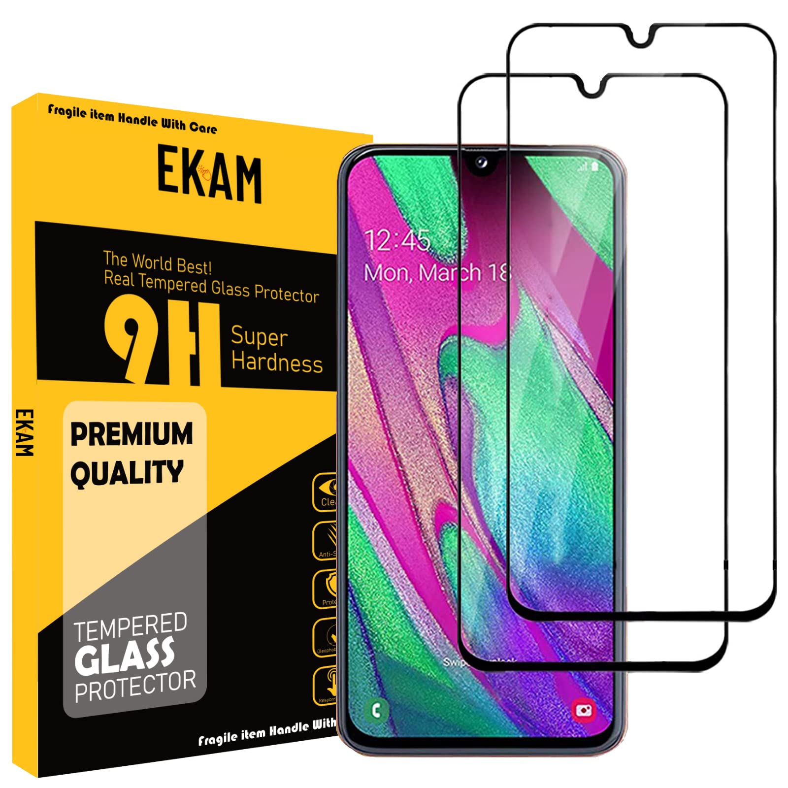 Mobile Stuff [2 Pack] Screen Protector for Samsung Galaxy A40, 9H Hardness Full Cover Tempered Glass Film Galaxy A40, Anti-Scratch, Anti-Bubble - Black