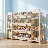 Extra Large Toy Storage, Wooden Toy Storage Organizer with 6 Side Shelves and 12 Bins, 3 -in-1 Bookshelf for Bedroom Playroom, Nursery, Wood Kids Toy Shelf and Bookcase 52.3"W x 13.5"D x 31.5"H