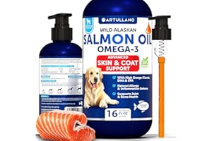 ARTULLANO Salmon Oil for Dogs - Omega 3 for Dogs - 16 FL OZ Wild Alaskan Salmon Fish Oil - Natural EPA & DHA Fatty Acids for Skin & Coat, Allergy, Joint & Bone Health - Liquid Support Supplement for Shedding