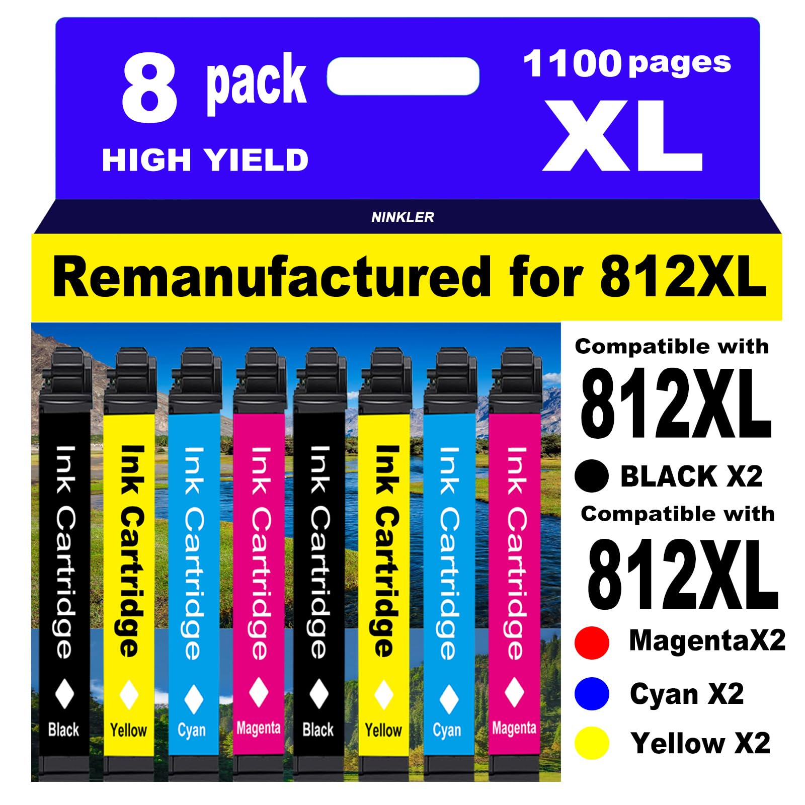 Photo 1 of for 812XL Remanufactured for Epson 812XL Ink cartridges Combo Pack for Epson 812 T812 XL for Epson Workforce Pro WF-7840 WF-7820 WF-7310 EC-C7000 Printer 8 Pack 2 Black 2 Cyan 2 Magenta 2 Yellow