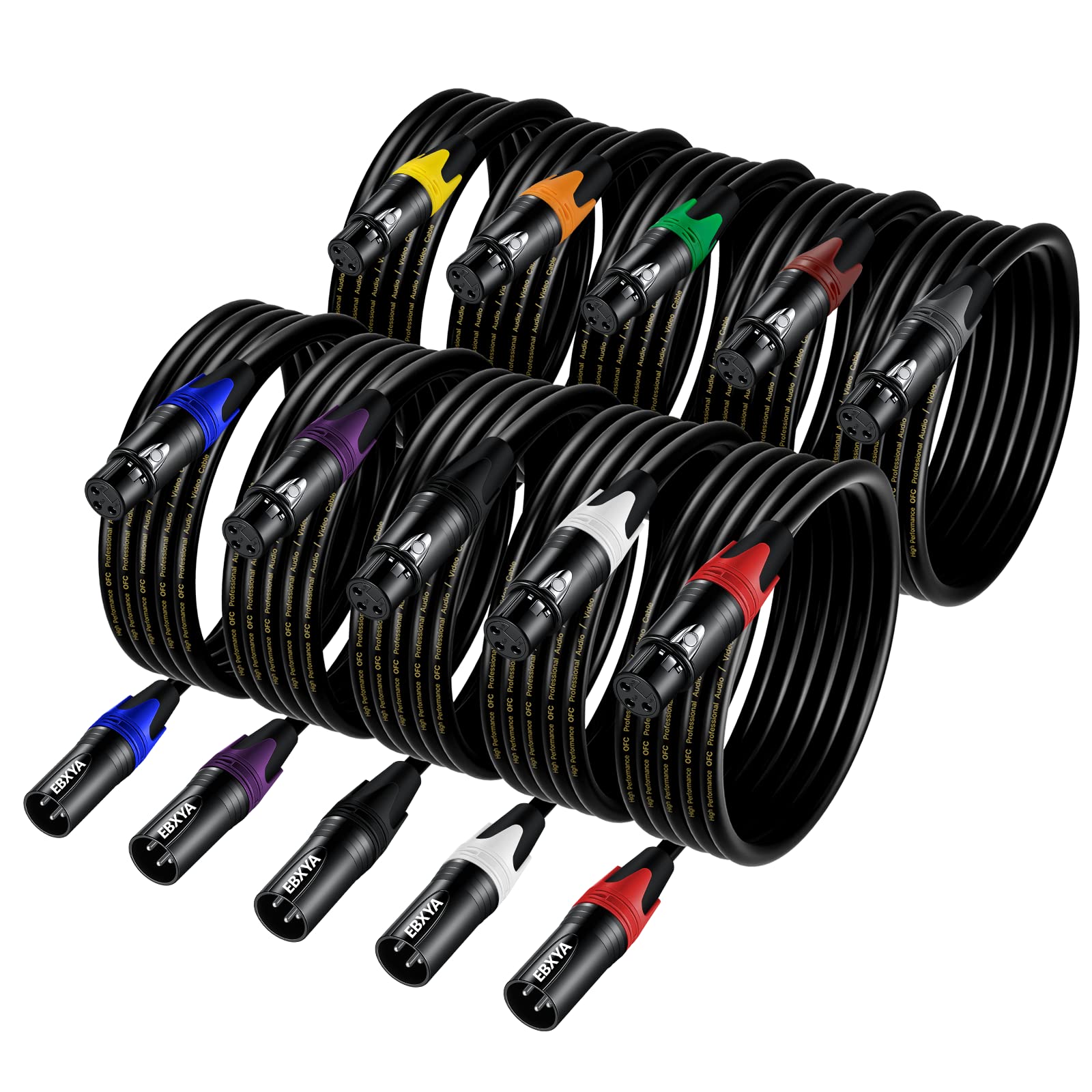 EBXYA 3-Pin XLR to Microphone Cable, 2M 10 Pack Male to Female Multi-Colored Mic Cord for Mixer Podcast, DMX Speaker