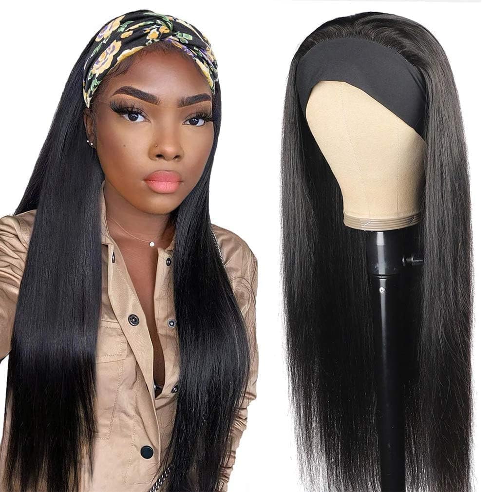 Tmbitto Straight Headband Wig Human Hair Glueless Wear and Go No Lace Beginner Friendly Wigs for Black Women Natural Black 150% Density Brazilian Virgin Hair 18 Inch
