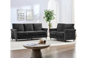 Mjkone 2 Pieces Living Room Sofa Set, Chenille Sofa Couch and Loveseat Set, Sectional Sofas Couch Sets with Wood Frame, Gourd Shape Wood Legs, 6.7" Thicken Cushion, Rivet Design for Living Room, Black