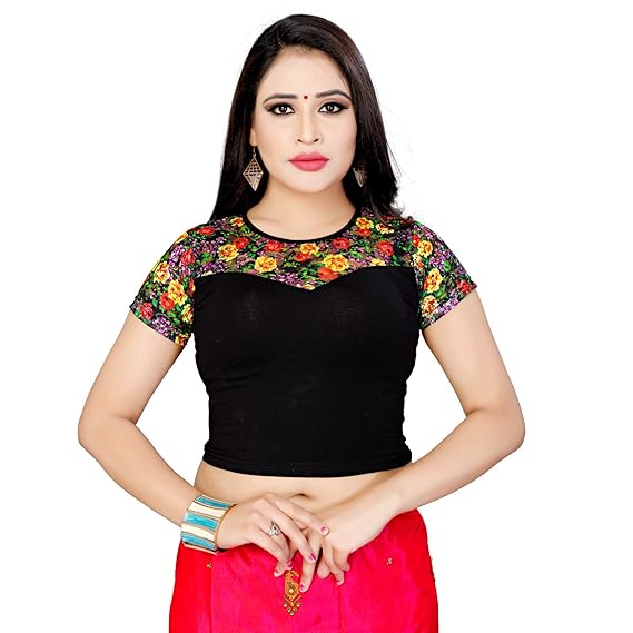 Women's Cotton Lycra Readymade Stretchable Floral Printed Saree Blouse (Black_Free Size)
