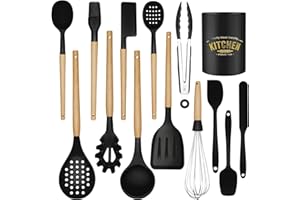 BESTZMWK Kitchen Cooking Utensils Set, 14 Non-Stick Silicone Cooking Kitchen Utensils Spatula Set with Holder, Wooden Handle Silicone Kitchen Gadgets Utensil Set for Nonstick Cookware(Black)