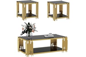 SYBRIOKA 51" Black Glass Coffee Table Set of 3, Modern Luxury Gold End Table for Living Room Rectangle Tempered Glass Top Stainless Steel Leg, 20" Square Side Tables, Extra Large Size