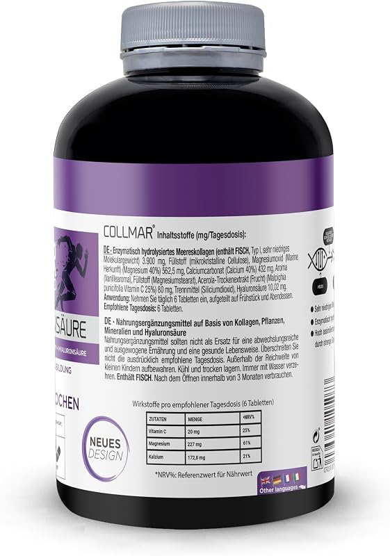 COLLMAR HYDROLYSIERTES KOLLAGEN mit Hyaluronsäure, Magnesium und natürlichem Vitamin C - Knochen und Gelenke - Marine Kollagen 3.900 mg/Tag | 180 Tabletten = 30 Tage | Vanillegeschmack