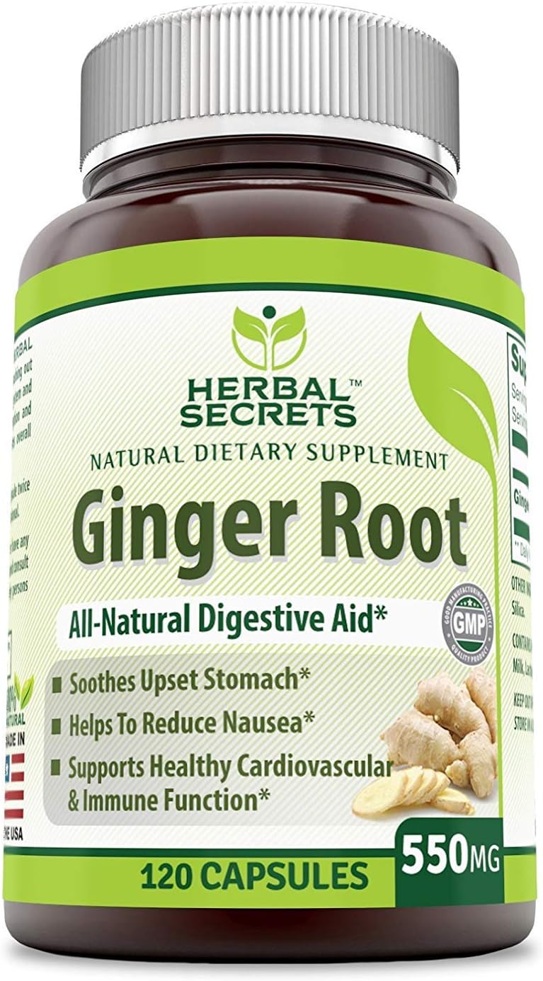 Herbal Secrets Ginger Root Supplement 550 Mg Capsules (Non-GMO) - Helps to Reduce Nausea, Supports Cardiovascular & Immune Function, Soothes Upset Stomach* (120 Capsules): Health & Personal Care