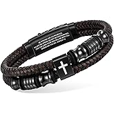 Christian Brown Leather Bracelet for Men - Double-Row Braided Leather Faith Cross Bracelets Bangle Religious Baptism Inspirational Bible Verse Jewelry Gift for Young Men Teenage, Adjustable Wristband