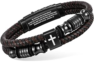 TEMPBEAU Christian Brown Leather Bracelet for Men - Double-Row Braided Leather Faith Cross Bracelets Bangle Religious Baptism Inspirational Bible Verse Jewelry Gift for Young Men Teenage, Adjustable Wristband
