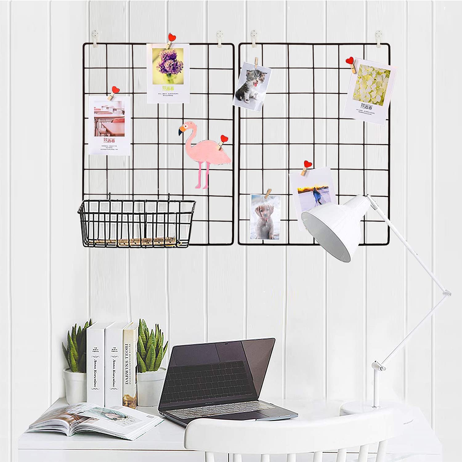 GBYAN Wall Grid Panel 2 Pack Wire Photo Display Shelf Notice Board with Accessories Picture Organizer Multifunctional Decoration for Hoom, Office& Kitchen