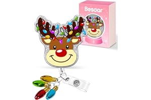 Besoar Christmas Badge Reel Retractable - Cute Reindeer Elk Deer Lights Badge Reel Holder with Alligator Clip, Gifts for Nurse Office Worker Medical Assistant Pediatric Student ID Accessories