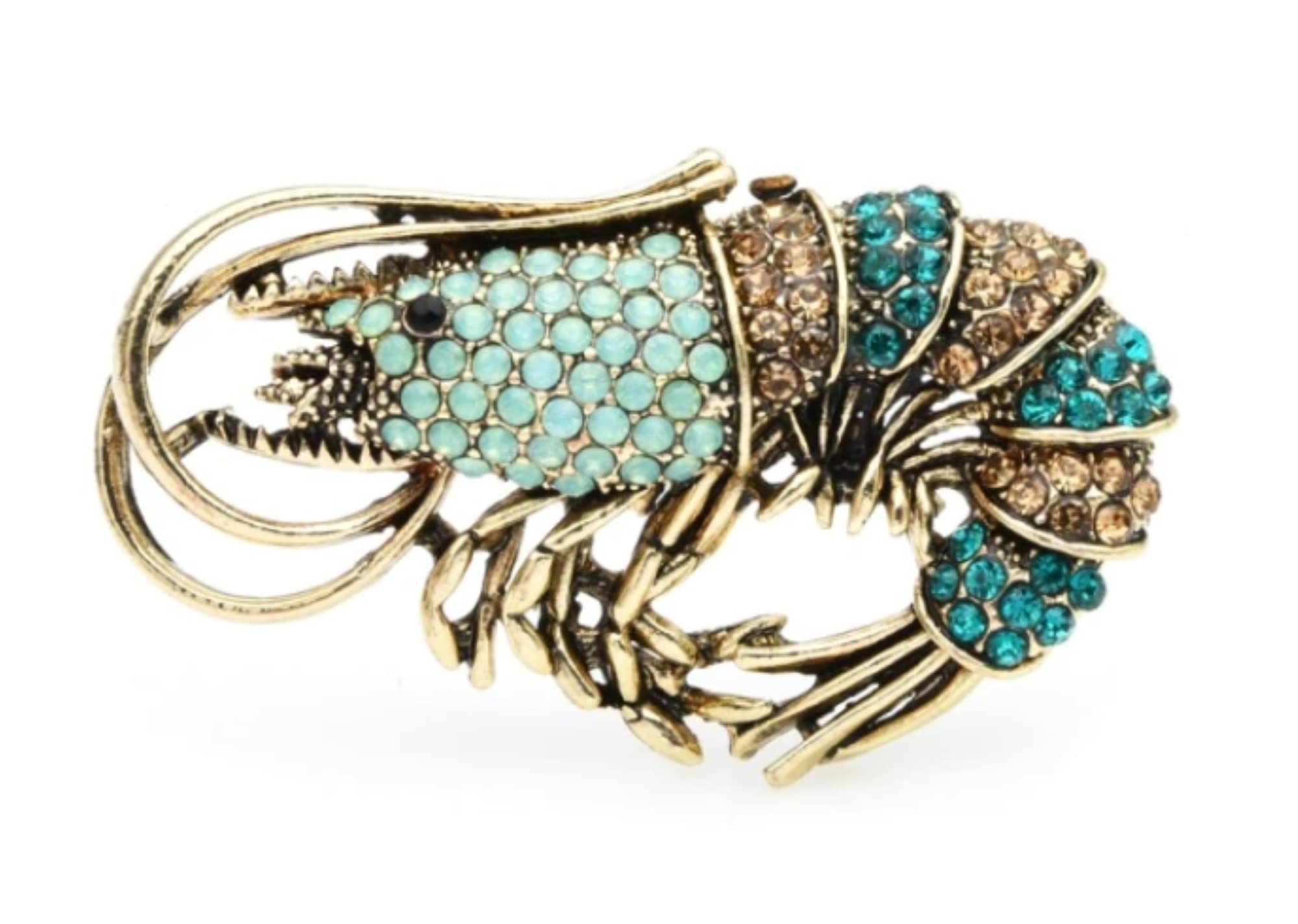 Prawn or Shrimp Brooch Pin for Women, Vintage Style Crystal Jewellery in a Gift Bag