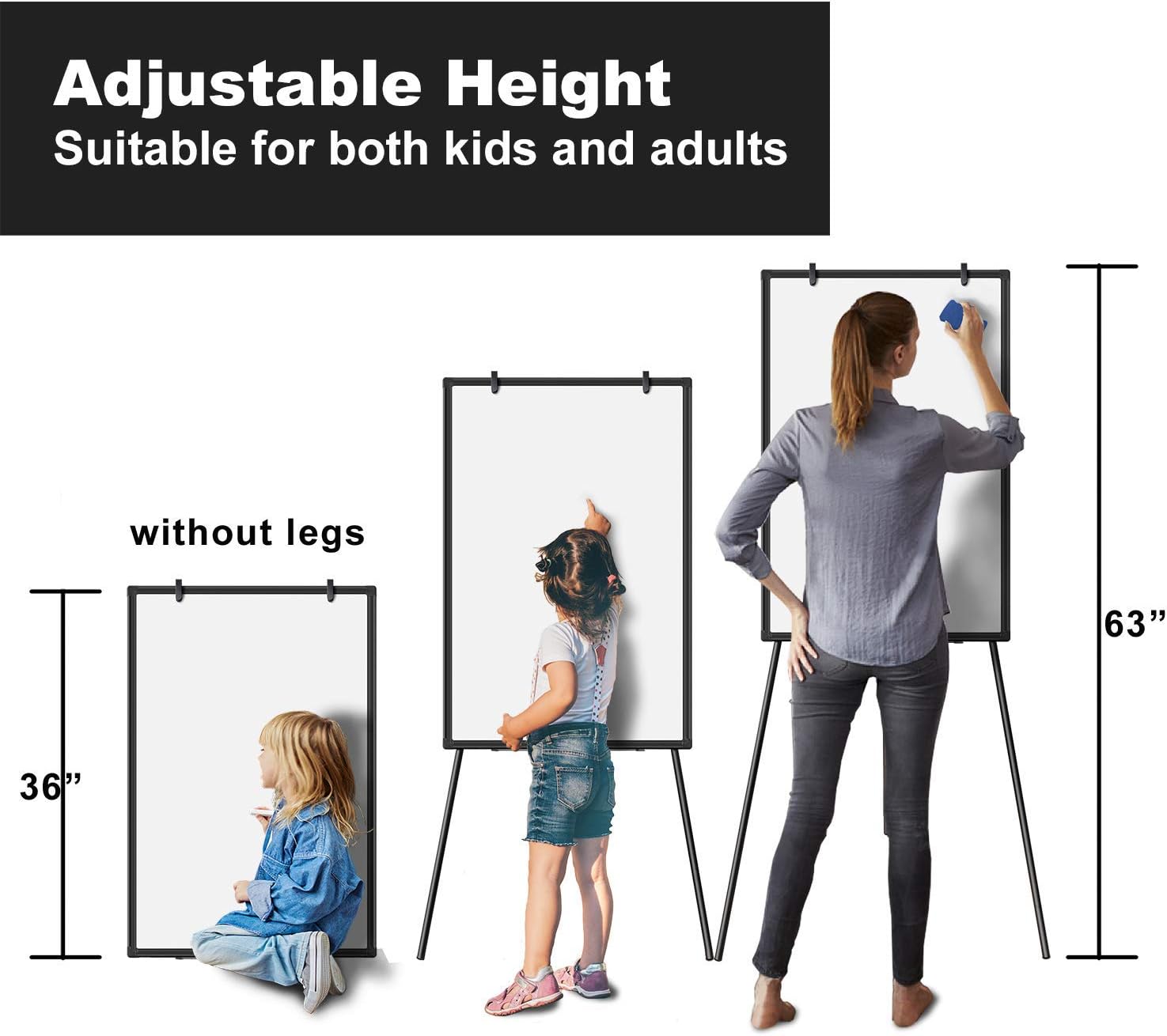 Easel White Board, Magnetic Tripod Dry Erase Board 36 X 24 inch, Portable Standing Whiteboard Easel Adjustable Height with 6 Magnets, 3 Markers, 1 Magnetic Dry Eraser for School, Home, Office : Office Products