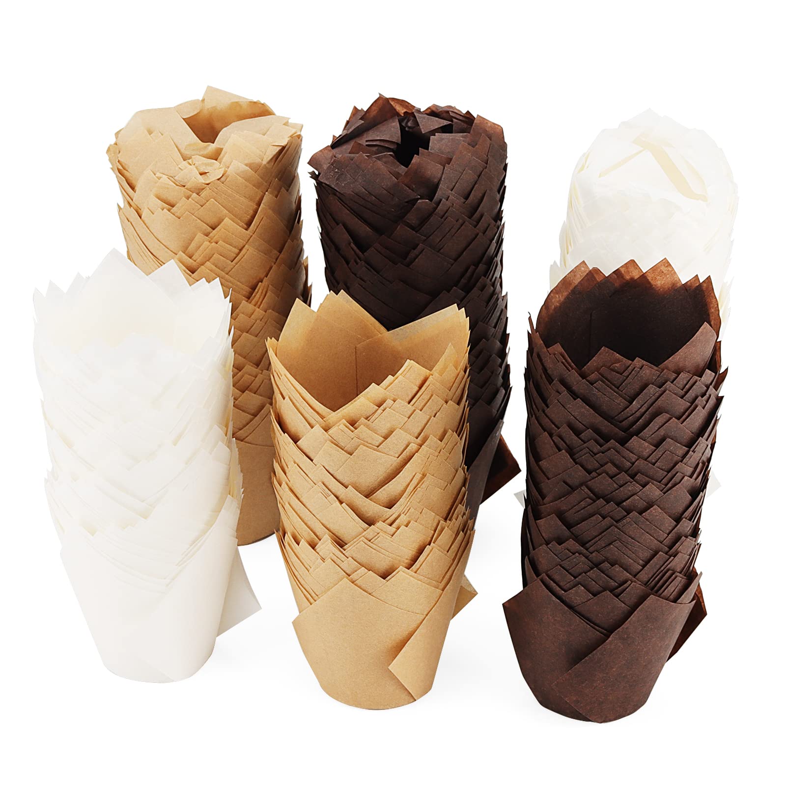 JAPCHET 600 PCS Tulip Cupcake Liners, Tulip Muffin Wrappers Cases for Weddings Birthdays (Brown, White and Coffee)