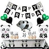 65Pcs Cute Panda Party Supplies - Panda Happy Birthday Banner, Balloons, Cupcake Toppers, Tablecloth & More for Kids & Adults